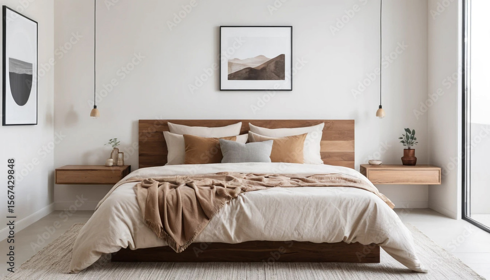 White and beige bedroom with wood headboard White and beige bedroom with wood headboard
