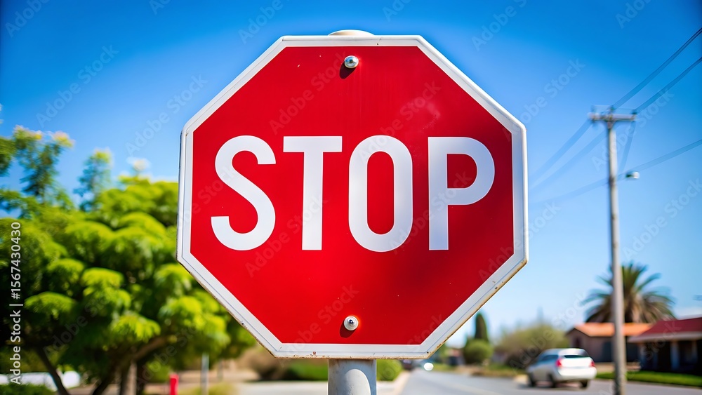 Obraz premium Closeup view of a stop sign on a residential street, with trees and a car visible in the background