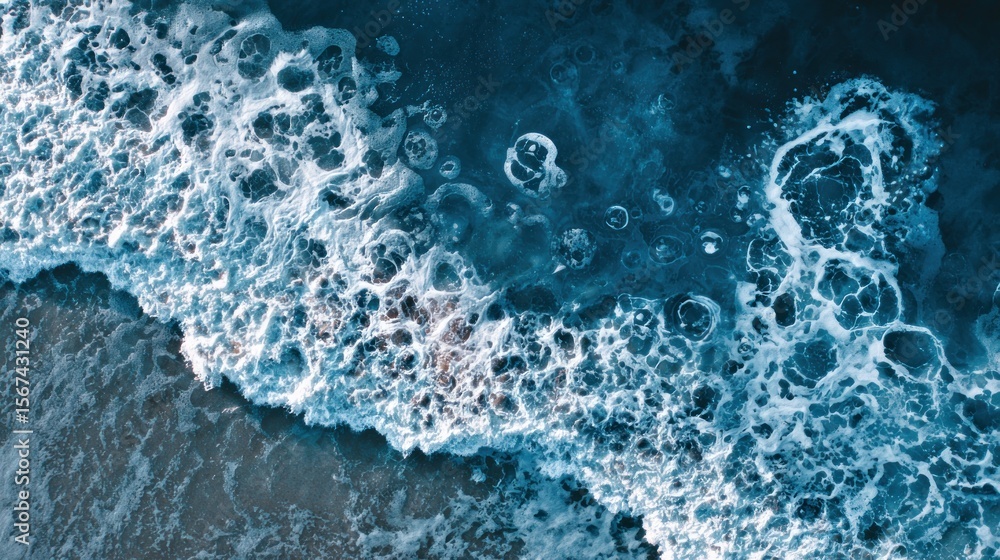 Naklejka premium Aerial Ocean View with Swirling Foam and Bubbles in Turbulent Coastal Waters