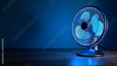 Blue Illuminated Desk Fan on Dark Wood Surface electric fan