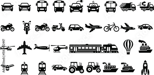 Collection of Transportation Icons Cars, Planes, Trains, and More