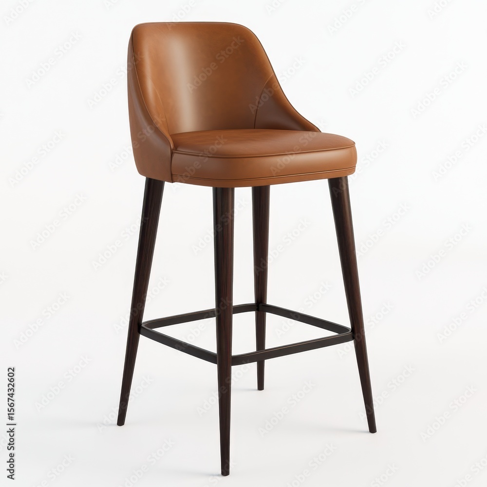 Elegant brown leather bar stool with dark wooden legs in studio Elegant brown leather bar stool with dark wooden legs in studio