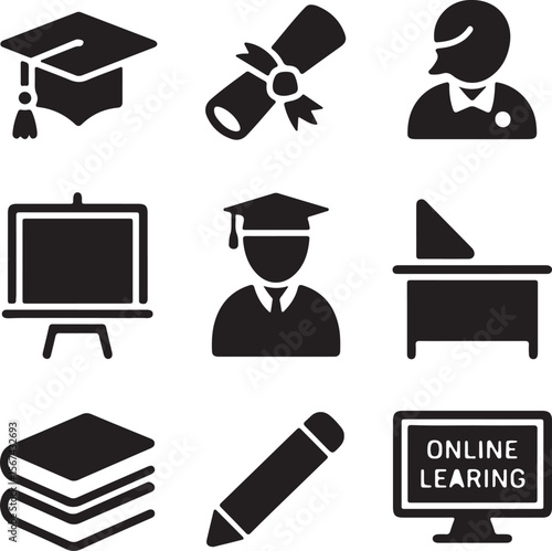 Education Icons Graduation, Learning, and Online Courses