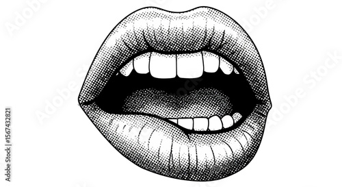 Halftone Lips Illustration: Open Mouth with Teeth and Tongue in Black and White
