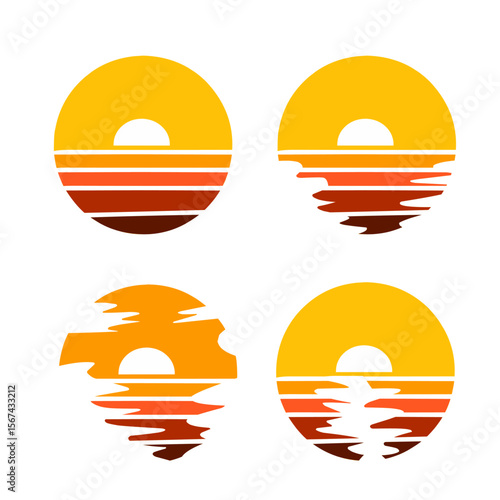 Four circular designs depict abstract sunsets over water with various wave styles and reflections, using yellow, orange, and brown colors