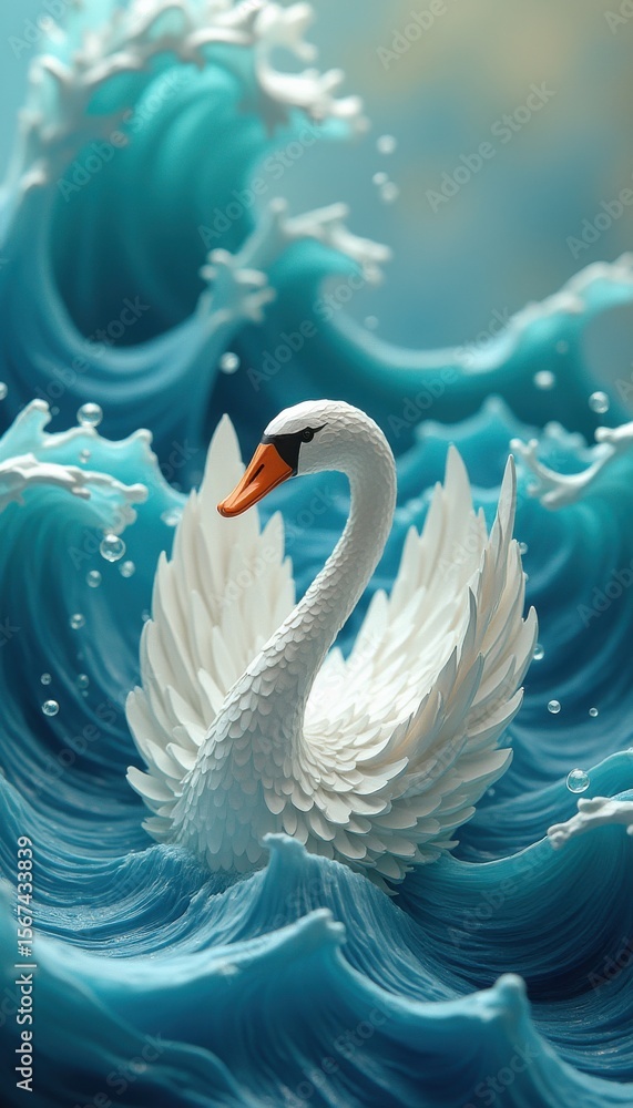 Obraz premium Elegant swan floating on ocean waves during daytime