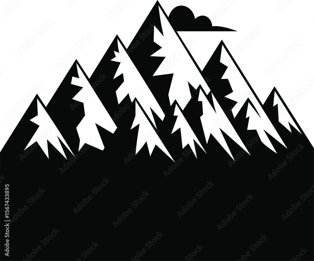 This striking illustration showcases a bold black silhouette of a mountain range, featuring sharp peaks and stylized snow-capped trees. This striking illustration showcases a bold black silhouette of a mountain range, featuring sharp peaks and stylized snow-capped trees.