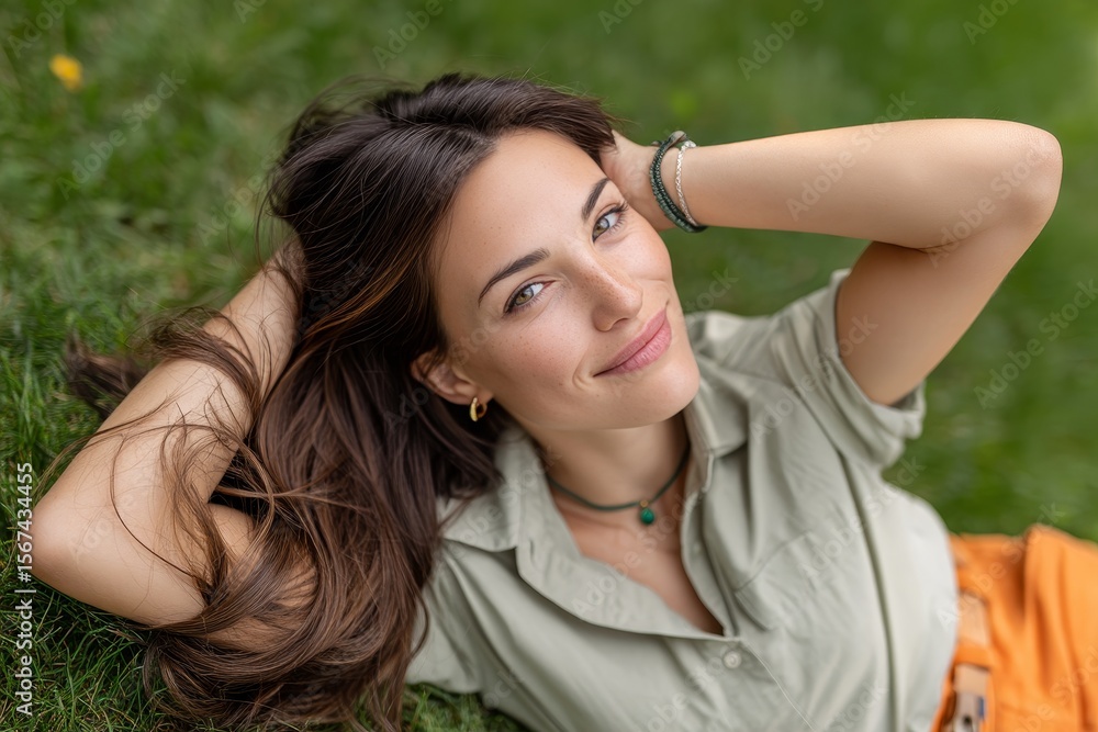 Joyful moments in nature captured as a young woman relaxes on green grass with bright orange pants and a charming smile Joyful moments in nature captured as a young woman relaxes on green grass with bright orange pants and a charming smile