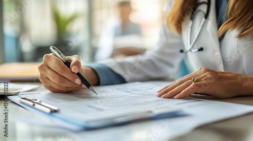 Wallpaper Mural Focused Doctor Reviewing Medical Forms, Close-up Detail Torontodigital.ca