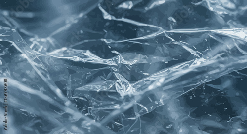 Close-up of crumpled transparent plastic film texture with blue tint