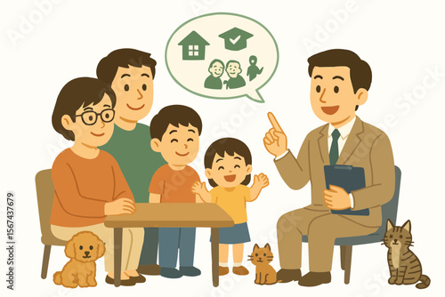 ファイナンシャルプランナーに相談する家族のイラスト