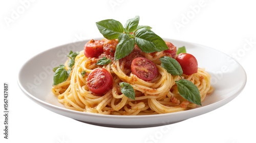 Delicious spaghetti with tomato sauce and fresh basil leaves isolated on transparent background