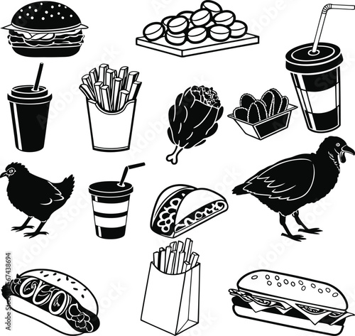 Fast Food Silhouette Vector Icons Collection