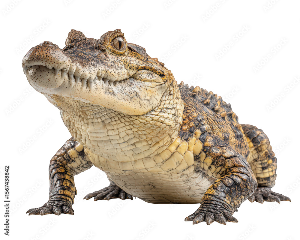 Fototapeta premium Crocodile reptile animal isolated on transparency background, detailed scaly skin texture, powerful jaw, wild predator, nature wildlife, exotic creature, alert expression