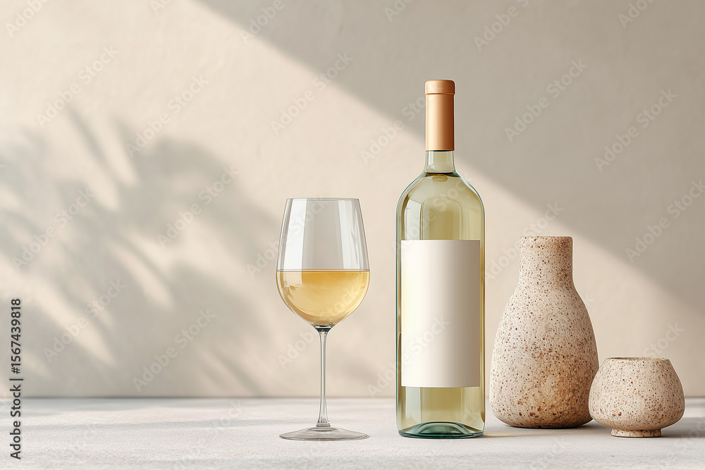 Naklejka premium Elegant white wine bottle with filled glass on a modern table setting. Neutral tones, soft shadows, and minimal style evoke a refined, upscale atmosphere. Perfect for Mother's Day, restaurant promotio