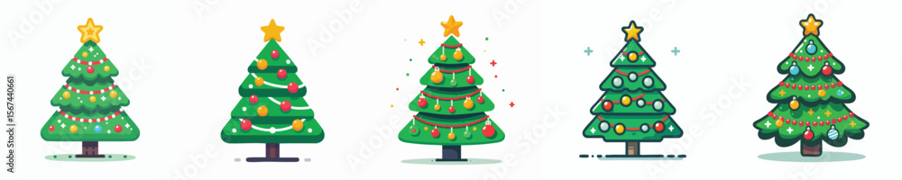 Obraz premium Flat Vector Christmas Trees with Ornaments, Lights, and Star – Holiday Tree Icons Set