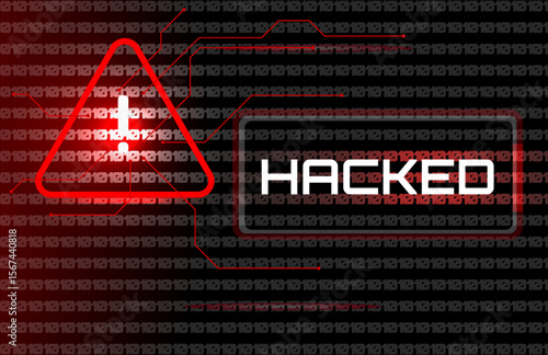 Hacked System Alert – Red Triangle Warning Sign on Glitch Screen