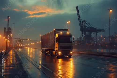 Red Cargo Truck at Shipping Port with Cranes in Rainy Industrial Logistics Scene