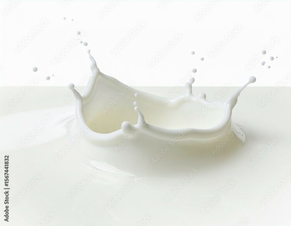 Dynamic white milk splash with droplets frozen in motion against a clean background Dynamic white milk splash with droplets frozen in motion against a clean background