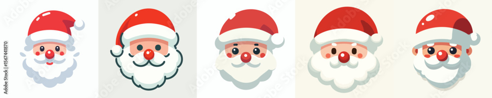 Santa Claus Face Icon Set – Cute Christmas Cartoon Heads with Red Hats and Beards Santa Claus Face Icon Set – Cute Christmas Cartoon Heads with Red Hats and Beards