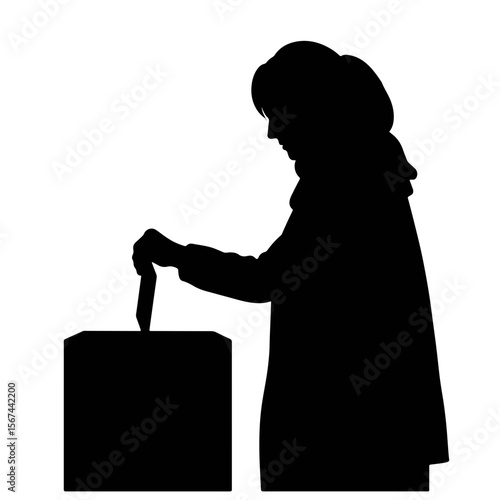 Woman voting in silhouette with ballot box, democratic participation