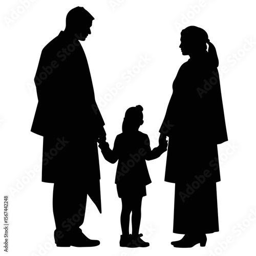 Family silhouette holding hands with lawyer, unity and rights advocacy