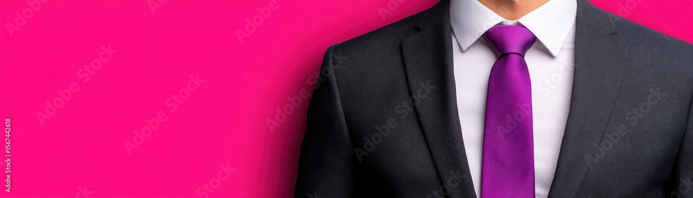 Confident man wearing black suit and purple tie stands against vibrant pink background, showing professionalism and style