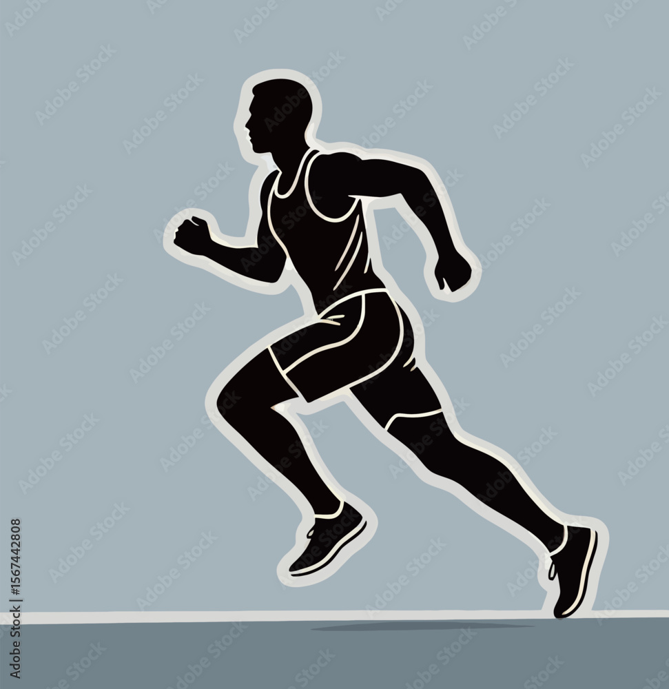 Obraz premium A male athlete in mid-run silhouette, showcasing speed and determination against a pale backdrop.