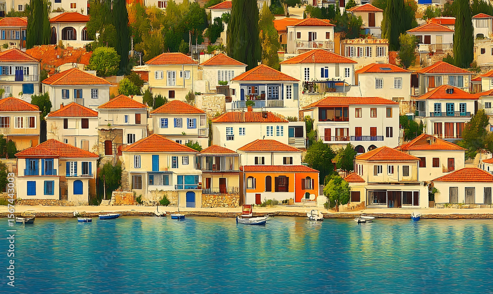 Obraz premium Coastal Village Houses with Orange Roofs and Blue Water, Boats i