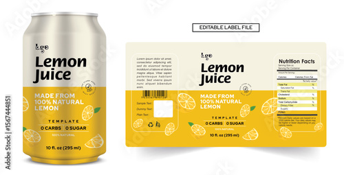 Lemon Juice Packaging Design, Citrus Limon Soft Drink Label, Soda Can Vector, Energy Drink Sticker, Fruit Juice Bottle Label Template