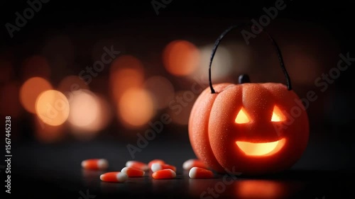 Halloween concept. A glowing jack-o'-lantern Halloween bucket sits beside scattered candy corn with warm, blurred lights in the background.