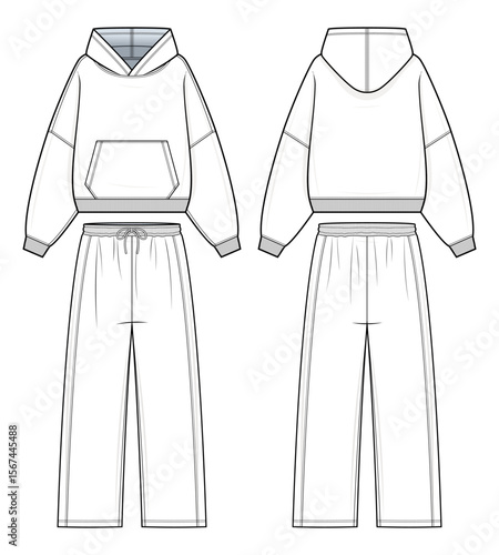 Unisex Tracksuit Set Technical Fashion Illustration. Hoodie and Jogger Pants Vector Template. Kangaroo Pocket. Ribbed Cuffs and Hem. Front and Back design. Casual Athleisurewear. CAD Mockup set.