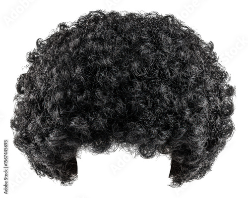 Curly wig afro hairstyle black synthetic hair costume accessory isolated on transparency background retro style party prop fun fluffy voluminous