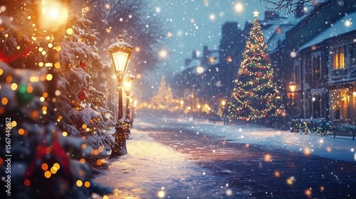 Wallpaper Mural Snowy Christmas Street Scene with Lights and Decorated Tree Torontodigital.ca