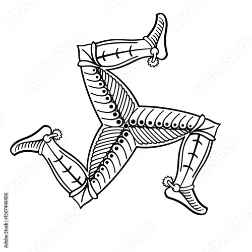 Triskelion of three bent human legs in armor. Triskele motif, a triple leg, appearing to run and hint clockwise movement. Symbol since Hellenistic period, used in Isle of Man flag and coat of arms.