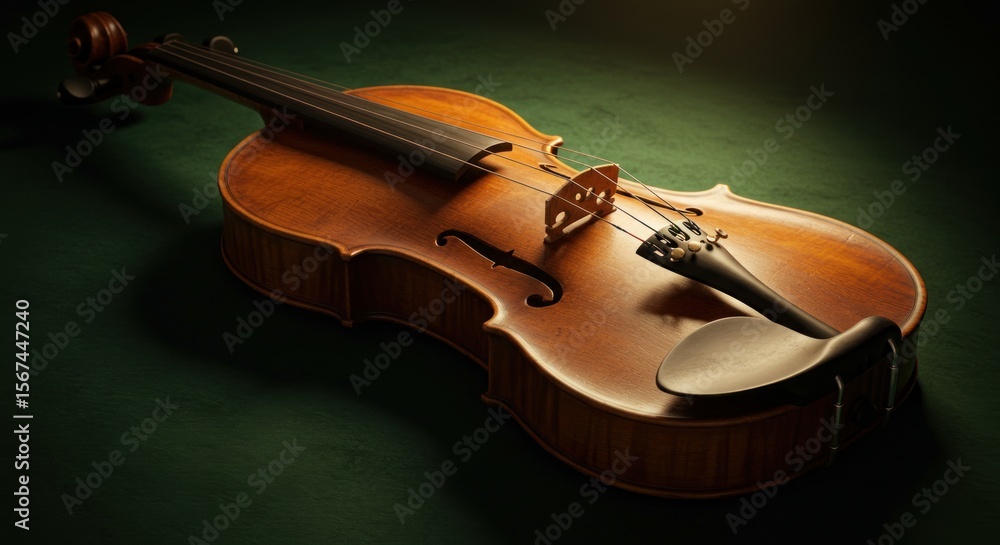 Fototapeta premium Artistic Close Up of a Rich Toned Violin Against a Shaded Green Backdrop