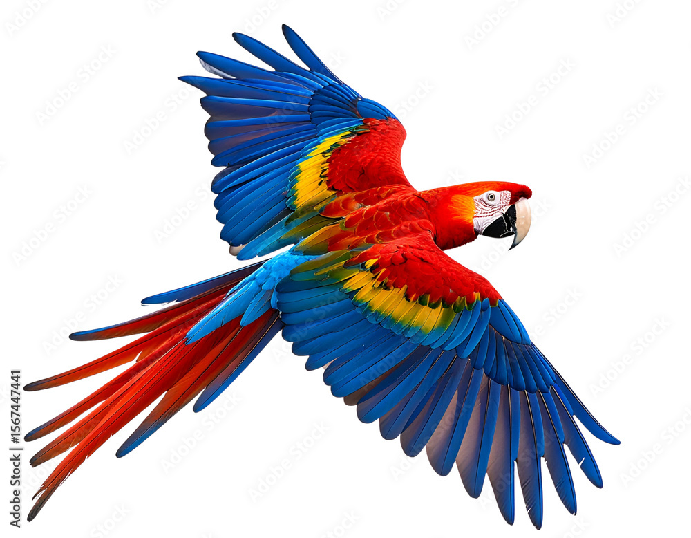 Fototapeta premium Red and Yellow Macaw in Mid-Flight with Wings Spread on White Background