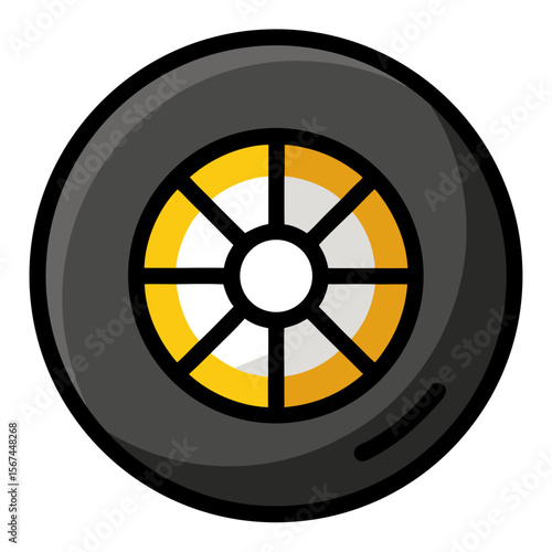 Cartoon tire wheel vehicle spare part round rubber automotive equipment vector icon on white background.