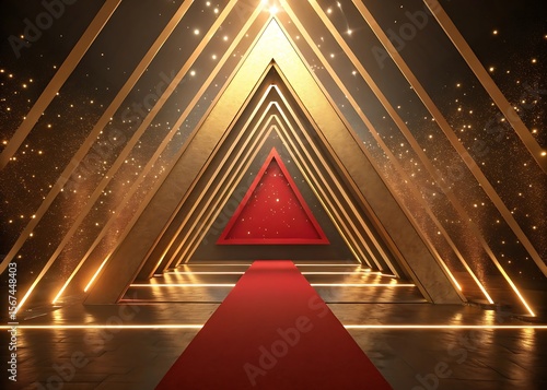 Golden triangular tunnel with red carpet lights