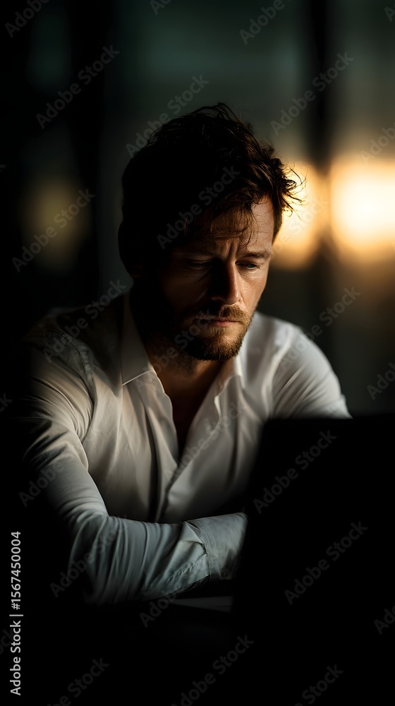 Fototapeta premium Pensive businessman in a moody office at dusk