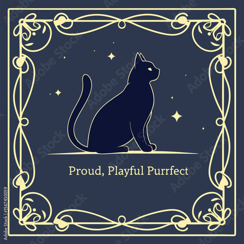 Elegant silhouette of a proud black cat, sitting serenely amidst stars within an ornate frame.