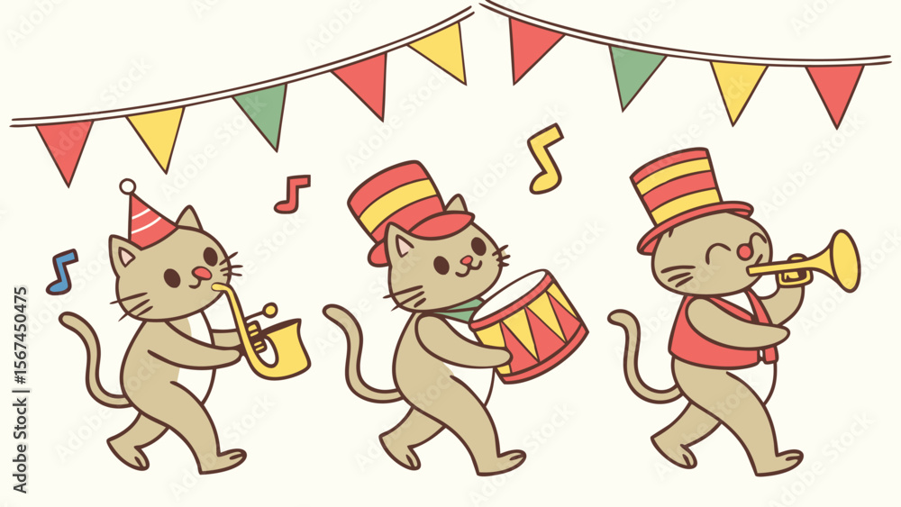 Fototapeta premium Three cartoon cats in a parade playing musical instruments under a string of colorful flags.