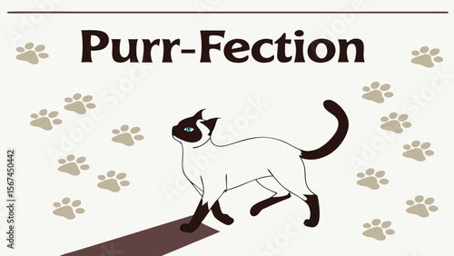 Cartoon drawing of a Siamese cat walking, with paw prints and the word "Purr-Fection" above.