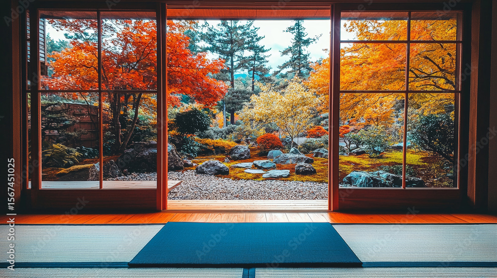 Fototapeta premium Elegant tatami room with autumn foliage view perfect for interior magazines or cultural retreats