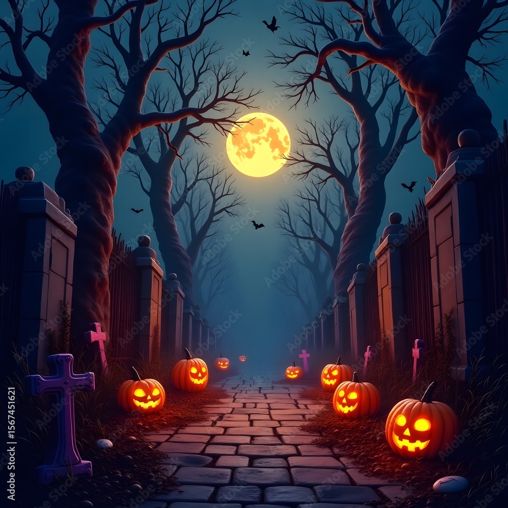 Fototapeta premium Spooky Halloween Gate at Night Under a Full Moon
