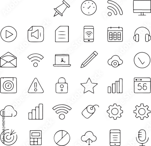 Technology Line Icons Set – Vector Pack of Minimal UI and Device Symbols in Black Outline Style