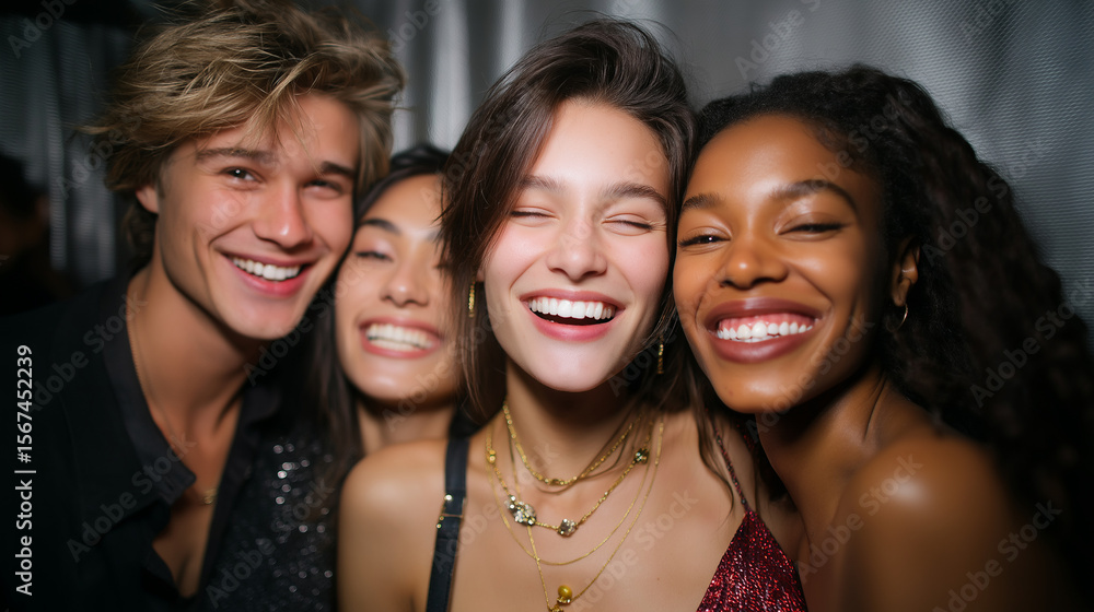 Obraz premium Friends enjoying a fun moment in a photobooth while laughing