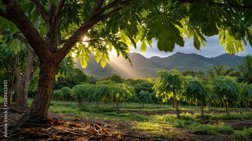 Fototapeta premium Lush orchard bathed in golden sunlight