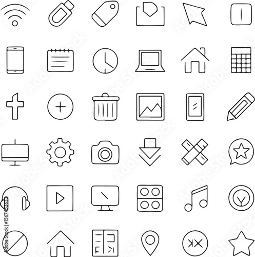 Technology Line Icons Set – Vector Pack of Minimal UI and Device Symbols in Black Outline Style
