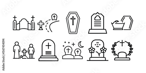 Dia dos Finados Icons – Grave, Cemetery, Tomb Silhouette & Line Art Vector Set